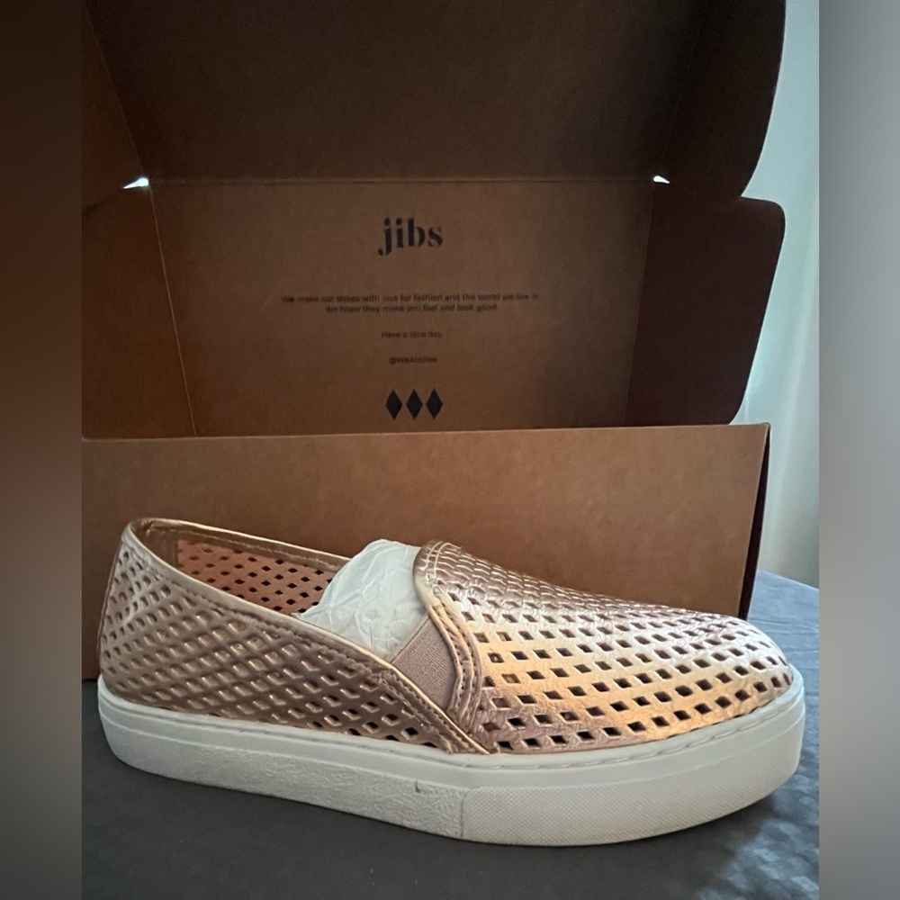 Jibs Classic Rose Gold Diamond Perforated Leather, Natural Cork Slip-Ons; Size 7